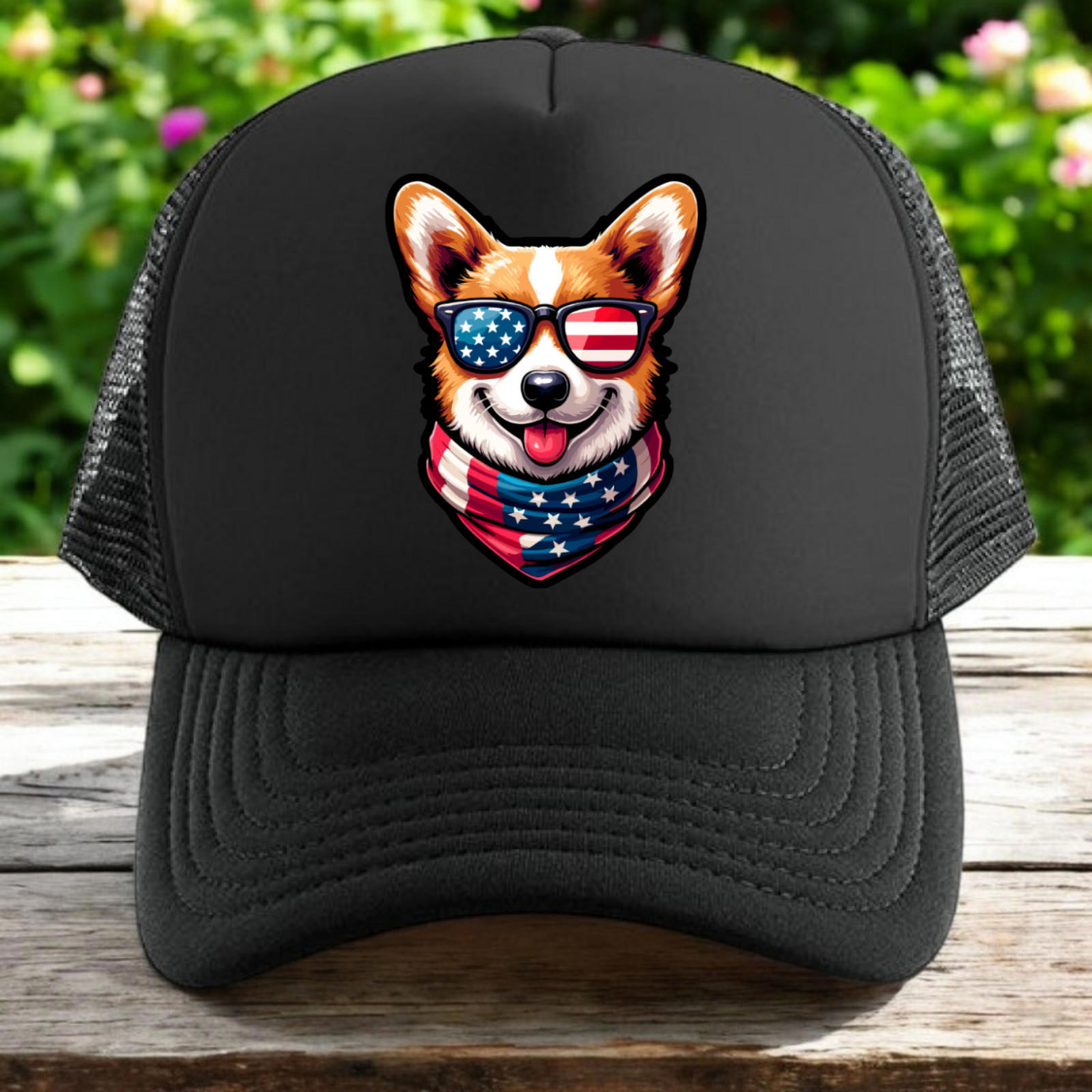 Corgi American Flag Trucker Hat Mens O/S Black Snapback 4th Of July Patriot